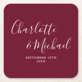 Elegante handtekening script bordeaux trouwdag kartonnen onderzetters