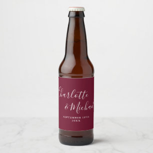 Elegante handtekening script bordeauxrood bruiloft bier etiket