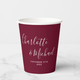 Elegante handtekening script bordeauxrood bruiloft papieren bekers