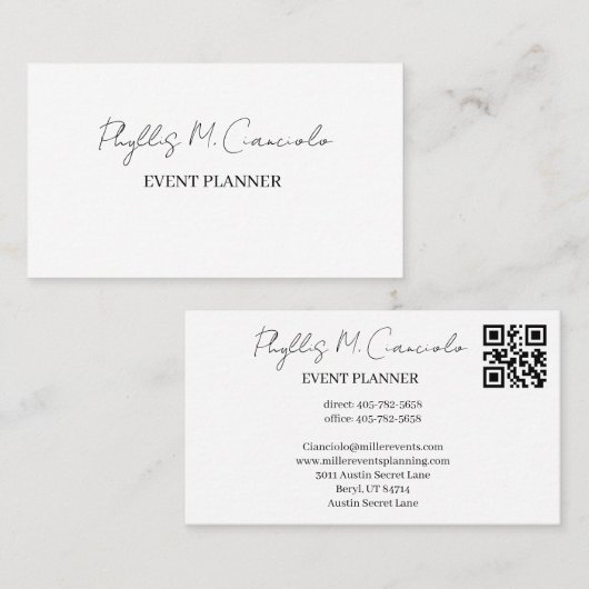 Elegante handtekening script evenement planner QR- Visitekaartje (Voorkant / Achterkant)
