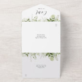 Elegante handtekening script groene bladeren bruil all in one uitnodiging (Buitenkant)