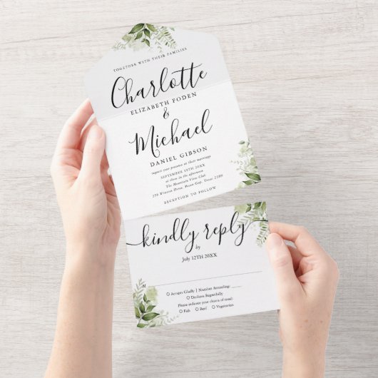 Elegante handtekening script groene bladeren bruil all in one uitnodiging (Afscheurbaar)