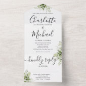 Elegante handtekening script groene bladeren bruil all in one uitnodiging (Binnen)