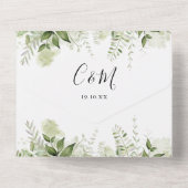Elegante handtekening script groene bladeren bruil all in one uitnodiging (Achterkant)