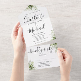 Elegante handtekening script groene bladeren bruil all in one uitnodiging