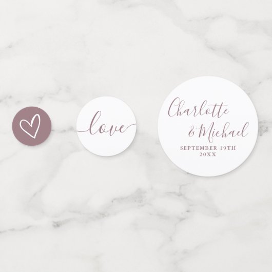 Elegante handtekening script mauve bruiloft confetti (Achterkanten)