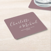 Elegante handtekening script mauve bruiloft kartonnen onderzetters (Schuin)