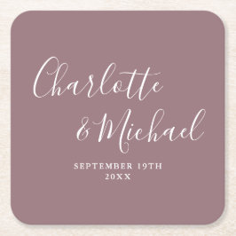 Elegante handtekening script mauve bruiloft kartonnen onderzetters
