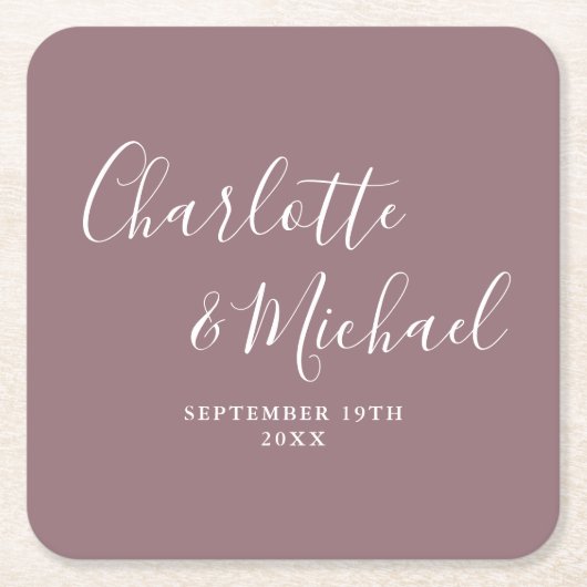 Elegante handtekening script mauve bruiloft kartonnen onderzetters (Voorkant)