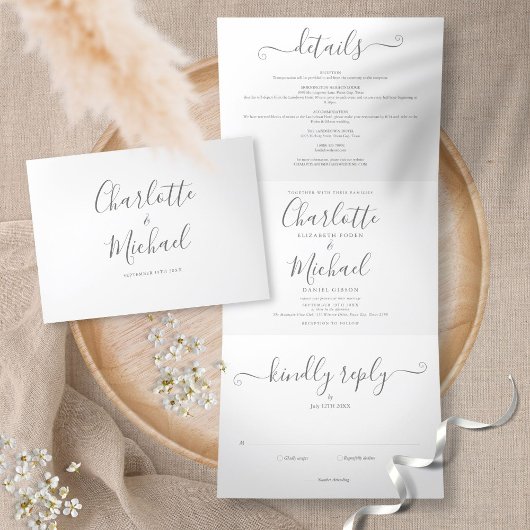 Elegante handtekening script minimalist foto bruil drieluik uitnodiging