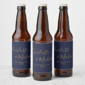 Elegante handtekening script Navy Blue Goud Bruilo Bier Etiket (Flessen)