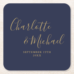 Elegante handtekening script Navy Blue Goud Bruilo Kartonnen Onderzetters