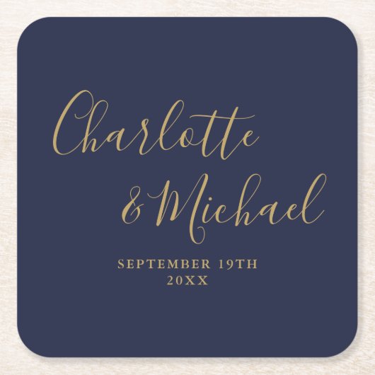 Elegante handtekening script Navy Blue Goud Bruilo Kartonnen Onderzetters (Voorkant)