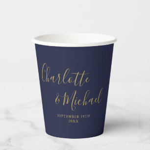 Elegante handtekening script Navy Blue Goud Bruilo Papieren Bekers