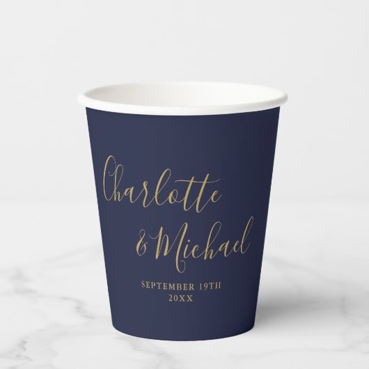 Elegante handtekening script Navy Blue Goud Bruilo Papieren Bekers (Voorkant)