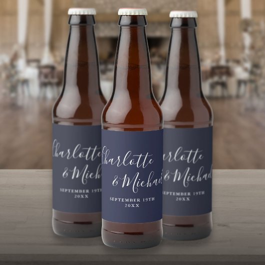 Elegante handtekening script Navy Blue Trouw Bier Etiket
