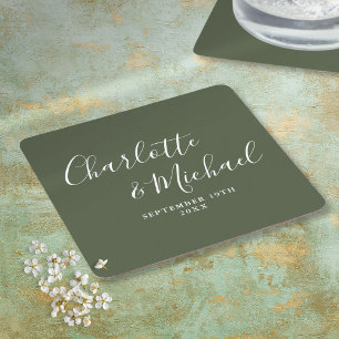 Elegante handtekening script olijfgroene trouw kartonnen onderzetters