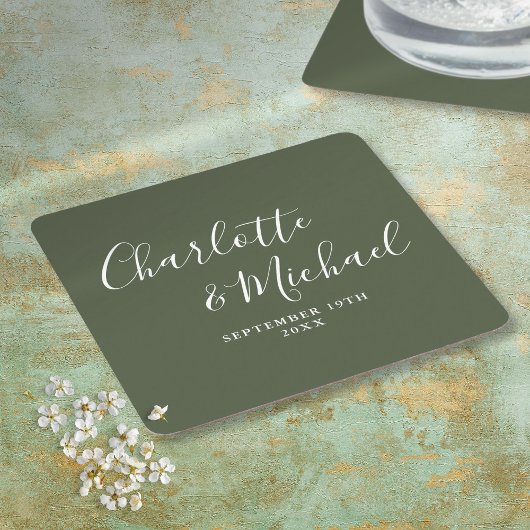 Elegante handtekening script olijfgroene trouw kartonnen onderzetters
