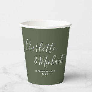 Elegante handtekening script olijfgroene trouw papieren bekers