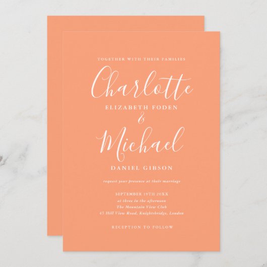 Elegante handtekening script perzik bruiloft kaart (Voorkant / Achterkant)