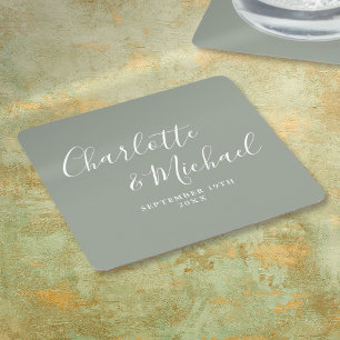 Elegante handtekening script sage groene trouw kartonnen onderzetters