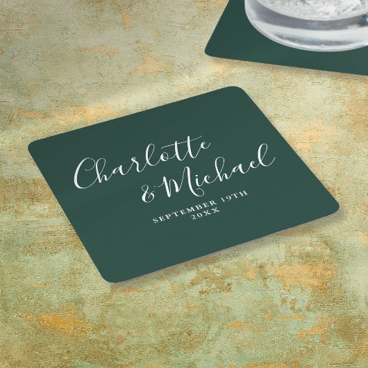 Elegante handtekening script smaragdgroene trouw kartonnen onderzetters