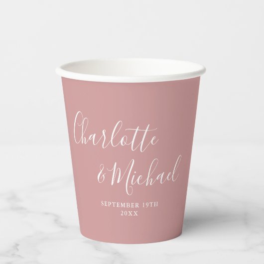 Elegante handtekening script stoffig roze bruiloft papieren bekers (Voorkant)