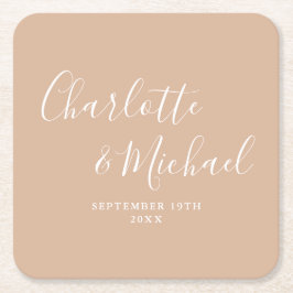 Elegante handtekening script taupe bruiloft kartonnen onderzetters