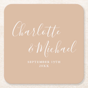 Elegante handtekening script taupe bruiloft kartonnen onderzetters