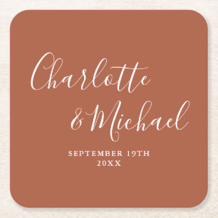 Elegante handtekening script terracotta bruiloft kartonnen onderzetters