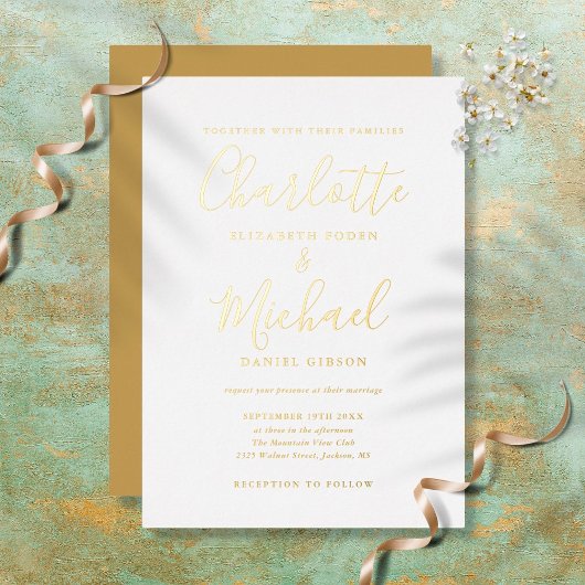 Elegante handtekening script trouw goud folie uitnodiging