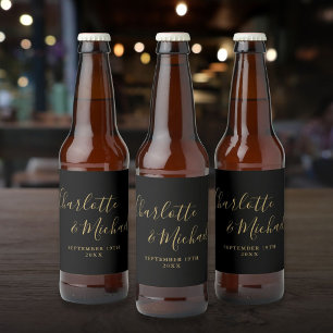 Elegante handtekening script zwart en goud bruilof bier etiket