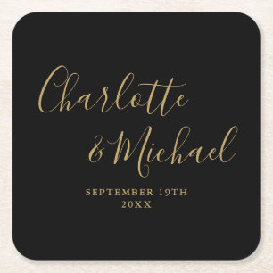 Elegante handtekening script zwart en goud bruilof kartonnen onderzetters