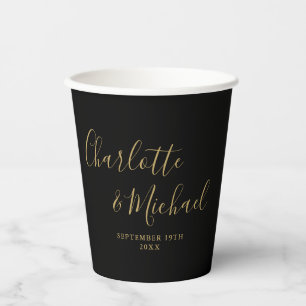 Elegante handtekening script zwart en gouden bruil papieren bekers