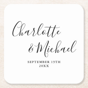 Elegante handtekening script zwart-wit bruiloft kartonnen onderzetters