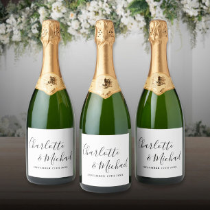 Elegante handtekening script zwart-wit bruiloft sparkling wijnetiket