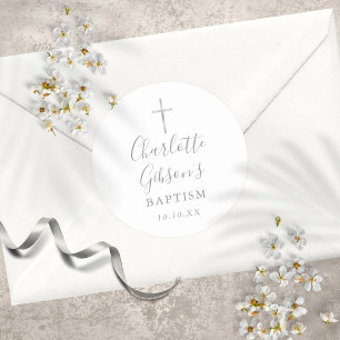 Elegante handtekening zilveren kruis doop ronde sticker