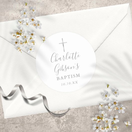 Elegante handtekening Zilveren Kruis Doop Ronde Sticker