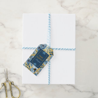 Elegante Happy Birthday Blu Bloemen Goud Personali Cadeaulabel
