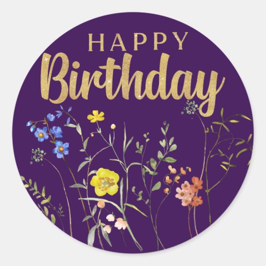 Elegante Happy Birthday Wildflowers ronde Sticker (Voorkant)