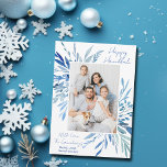Elegante Happy Chanoeka Blauwe Botanische Familie  Feestdagenkaart<br><div class="desc">Mooie blauw waterverf botanische bladeren komen uit je verticaal joodse familiefoto voor een Happy Chanoeka. Personaliseer deze elegante Chanoeka-fotokaart met een 2e horizontaal afbeelding op de achterkant.</div>