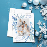 Elegante Happy Chanoeka Blauwe Botanische Familie  Feestdagenkaart<br><div class="desc">Mooie blauw waterverf botanische bladeren komen uit je verticaal joodse familiefoto voor een Happy Chanoeka. Personaliseer dit elegante Chanoeka foto briefkaart.</div>