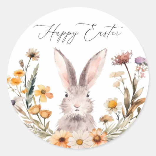 Elegante Happy Easter Bunny Wildflower Floral Ronde Sticker (Voorkant)