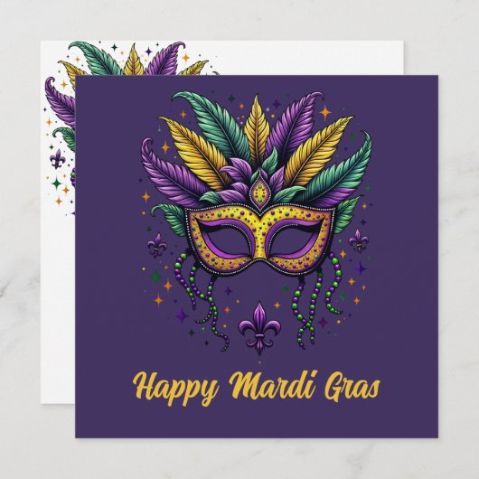 Elegante Happy Mardi Gras Feathered & Mask Feestdagenkaart (Voorkant / Achterkant)