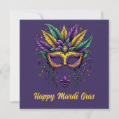Elegante Happy Mardi Gras Feathered & Mask Feestdagenkaart (Voorkant)