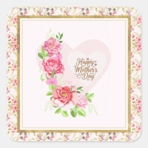 Elegante Hart Gelukkige Moederdag – Roos Bloem Vierkante Sticker