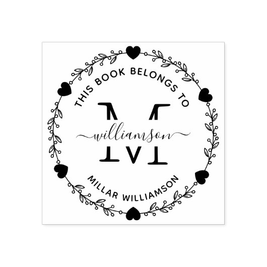 Elegante hart Monogram Krans Boek Eigenaar Rubberstempel (Afrduk)