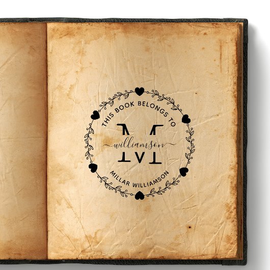 Elegante hart Monogram Krans Boek Eigenaar Rubberstempel