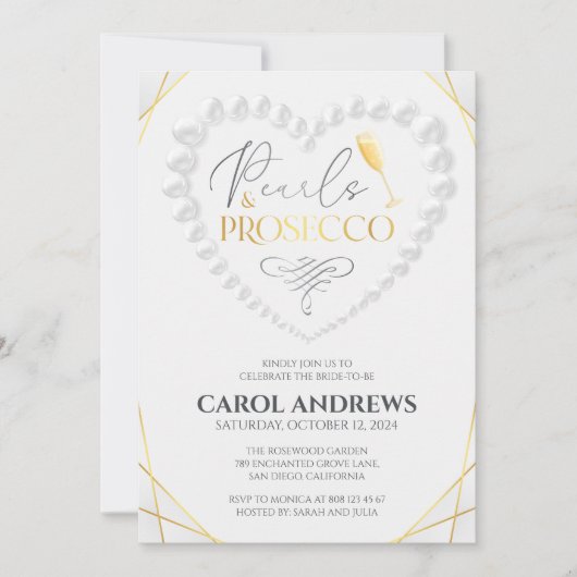 Elegante Hart Parels & Prosecco Goud Vrijgezellenf Kaart (Voorkant)