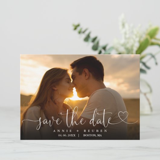 Elegante hart script foto trouw QR-code Save The Date (Staand voorkant)